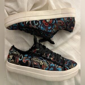 ROCK & CANDY | Silk Metallic Thread Floral Paisley Frayed Edge Sneakers